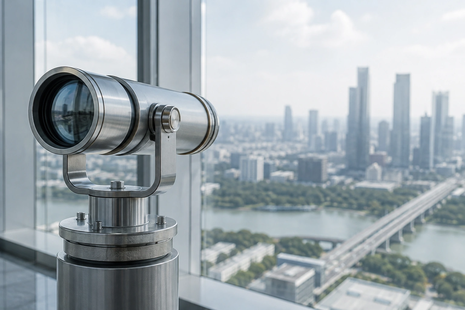 Precision optical instrument overlooking a modern city